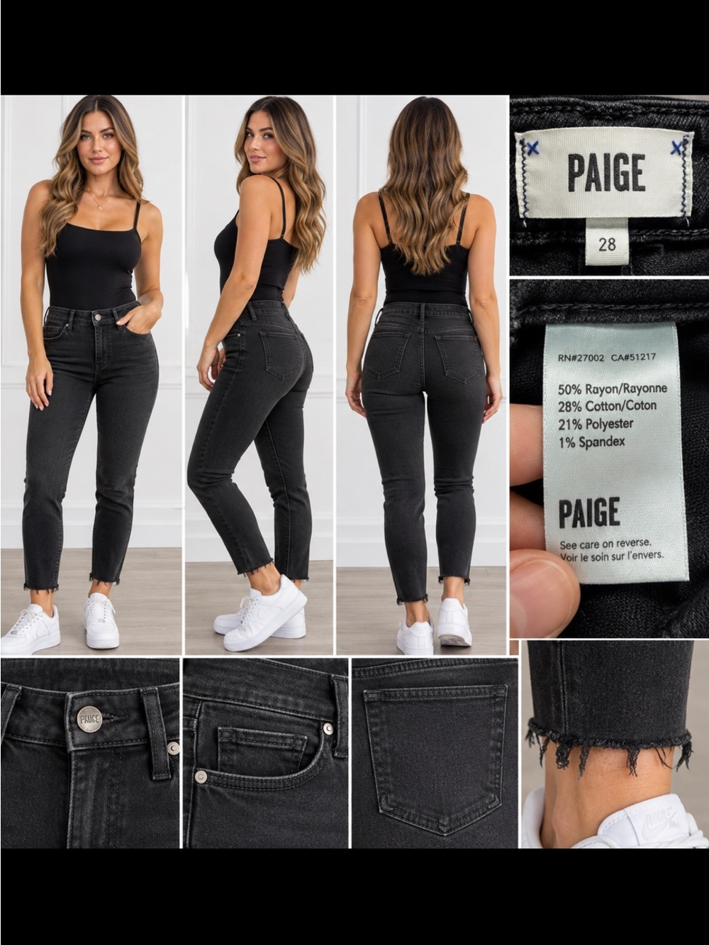 PAIGE Black Cropped High-Rise Slim Jeans with Frayed Hem